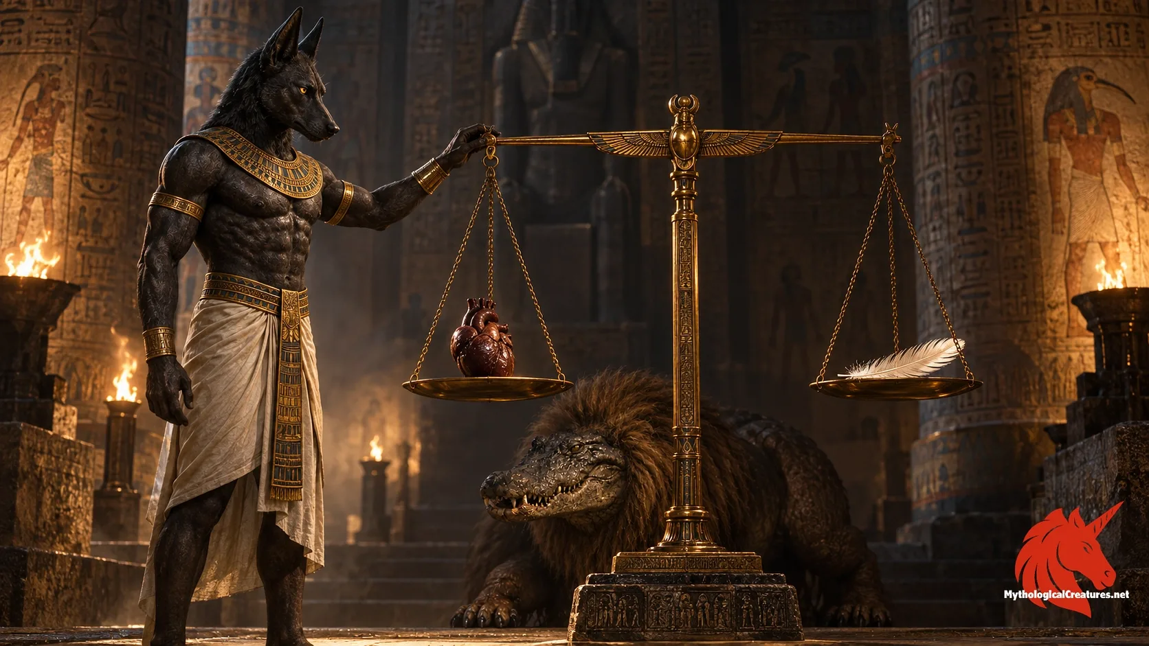 The weighing of the heart, the Egyptian judgement of the dead, where Ammit devours the unworthy.