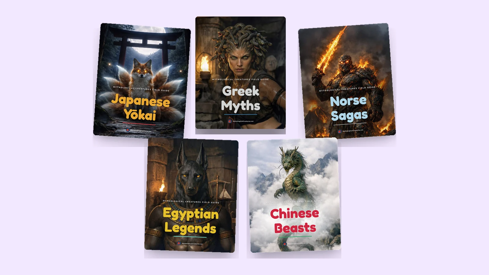 Covers of the five Mythological Creatures field guides.