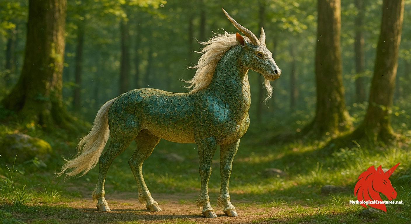 The mythical Kirin stands tall and majestic, its body protected by natural, scale-like armor that glimmers faintly in shades of emerald green and gold.