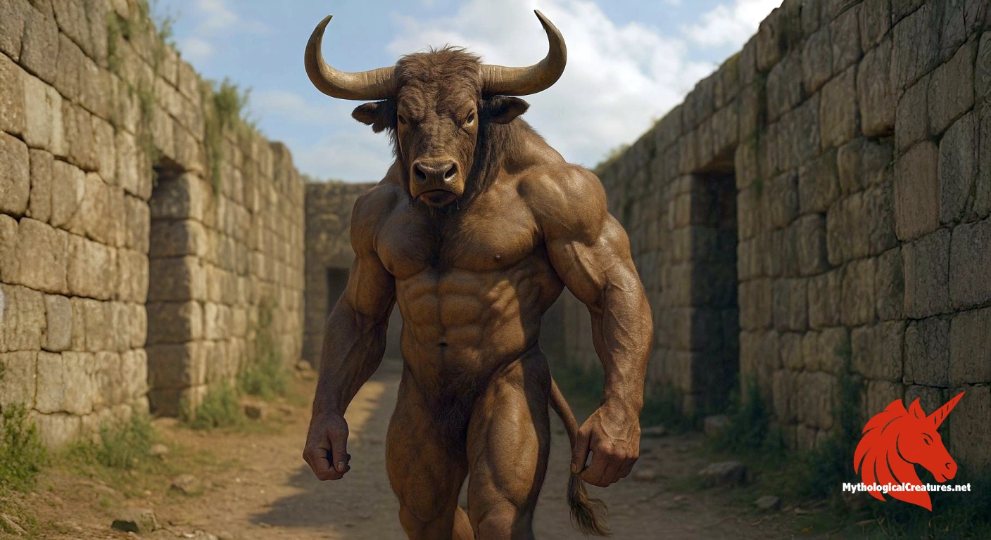 A creature with the head of a bull and the body of a man, the Minotaur from Greek mythology. A creature with the head of a bull and the body of a man, the Minotaur from Greek mythology.