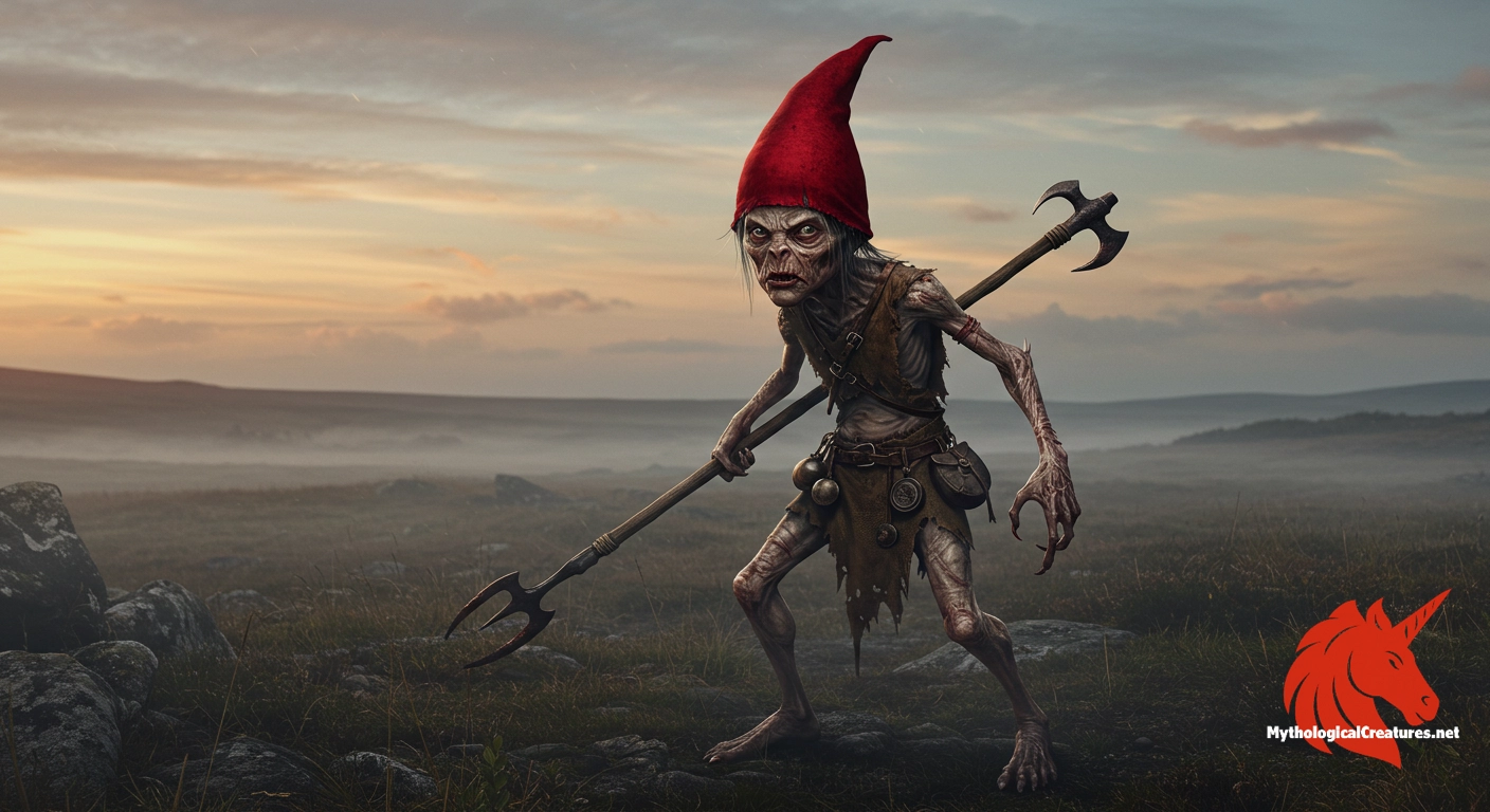 The redcap (also known as powrie, dunter, or bloody cap) is a malevolent goblin-like creature from Anglo-Scottish border folklore, specifically inhabiting ruined castles associated with violent histories