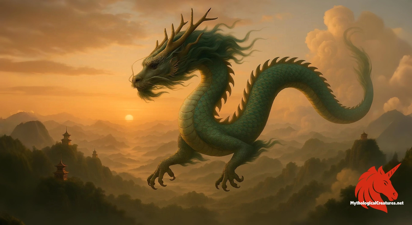 A Celestial Dragon (Tianlong) from Chinese mythology, soaring through the sky above a sacred mountain range bathed in the golden light of dawn