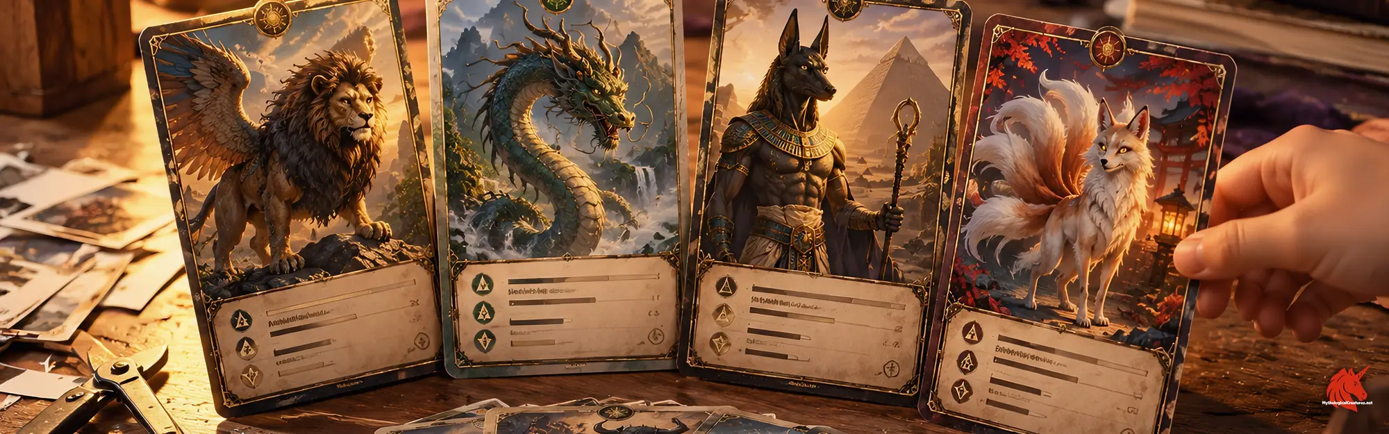 A deck of illustrated creature cards fanned across a classroom table, four standing upright showing their portraits and ratings.