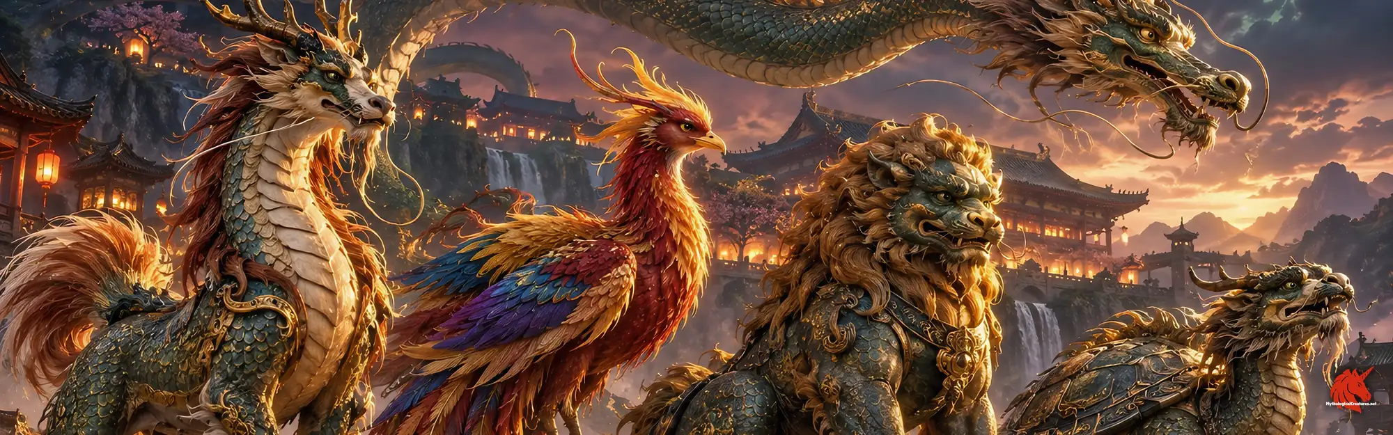 Beasts of Chinese legend above a palace roofline: long whiskered dragons, a phoenix with bright plumes and a maned qilin among lanterns and cloud.