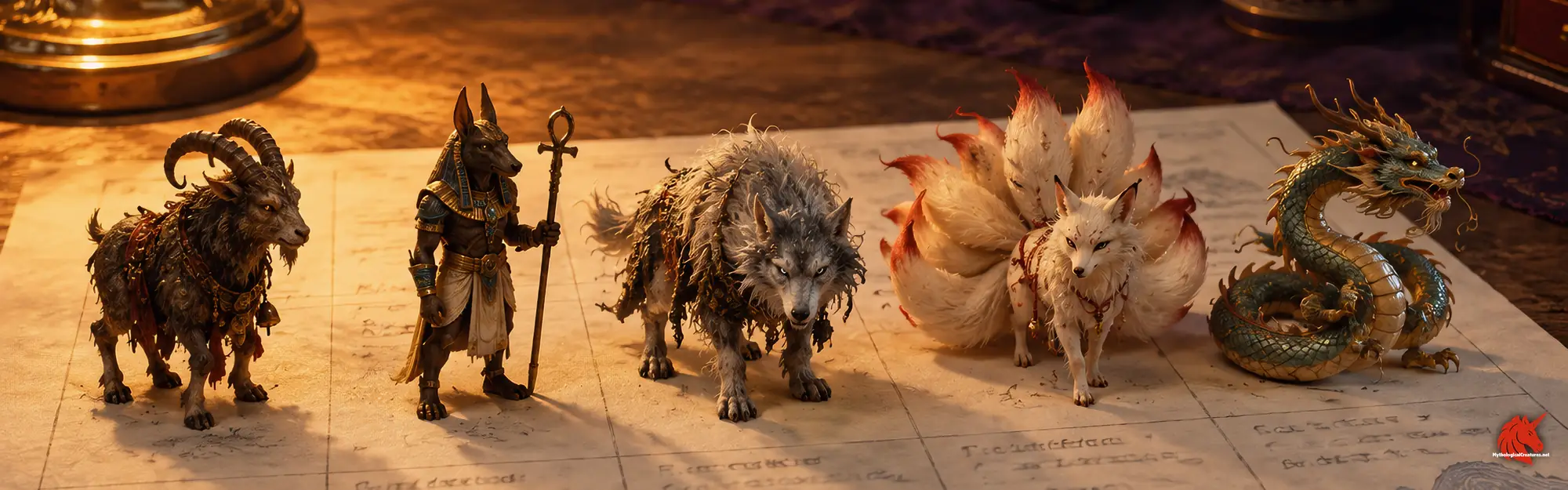 A printed comparison worksheet on a classroom table, with five small mythological creatures standing on its columns.