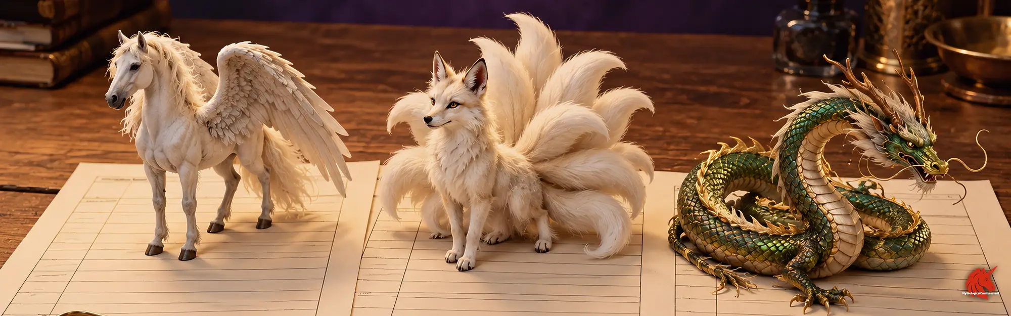 Three printed worksheets laid side by side on a table, each with a small mythological creature standing on it.