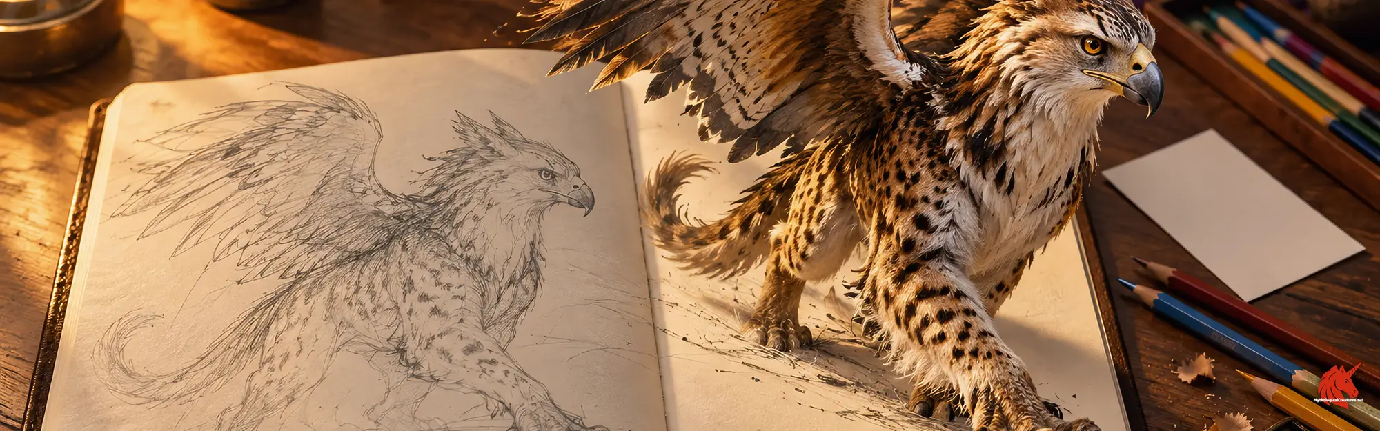 An open sketchbook on a classroom table: a pencil drawing of a griffin on the left page, and the same griffin fully realised and stepping off the right page, with coloured pencils beside it.