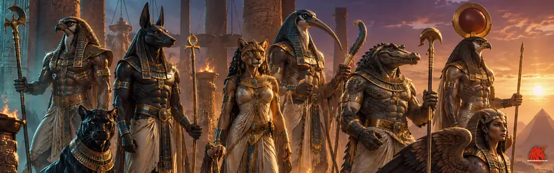 Gods of Ancient Egypt at sunset before a temple colonnade and a pyramid: falcon-headed, jackal-headed, cat-headed, ibis-headed and crocodile-headed figures in gold collars.