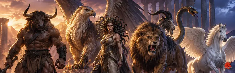 Creatures of Greek mythology at twilight among ruined temple columns: a bull-headed minotaur, a griffin, Medusa with snakes for hair, a lion-bodied chimera and the winged horse Pegasus.