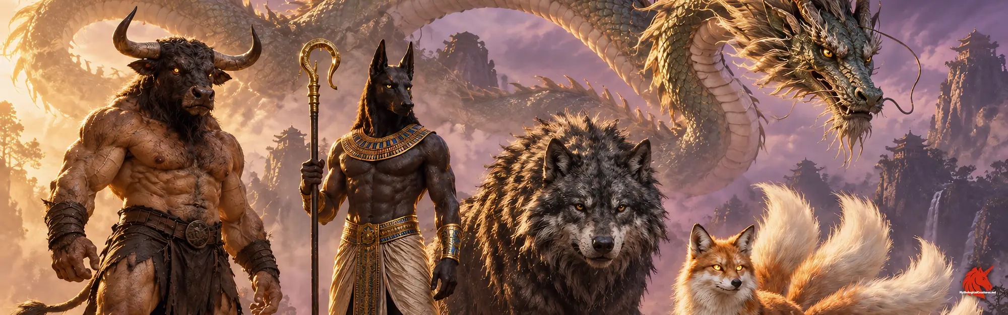Creatures from five mythologies side by side at twilight: a bull-headed minotaur, the jackal-headed Anubis, a great grey wolf, a white nine-tailed fox and a Chinese dragon arching overhead.