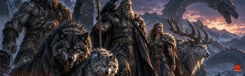 Figures of Norse legend in a snowy fjord beneath a sea serpent's coils: a stone giant, two grey wolves, an armoured warrior with a staff, a shield-maiden and a great antlered stag.